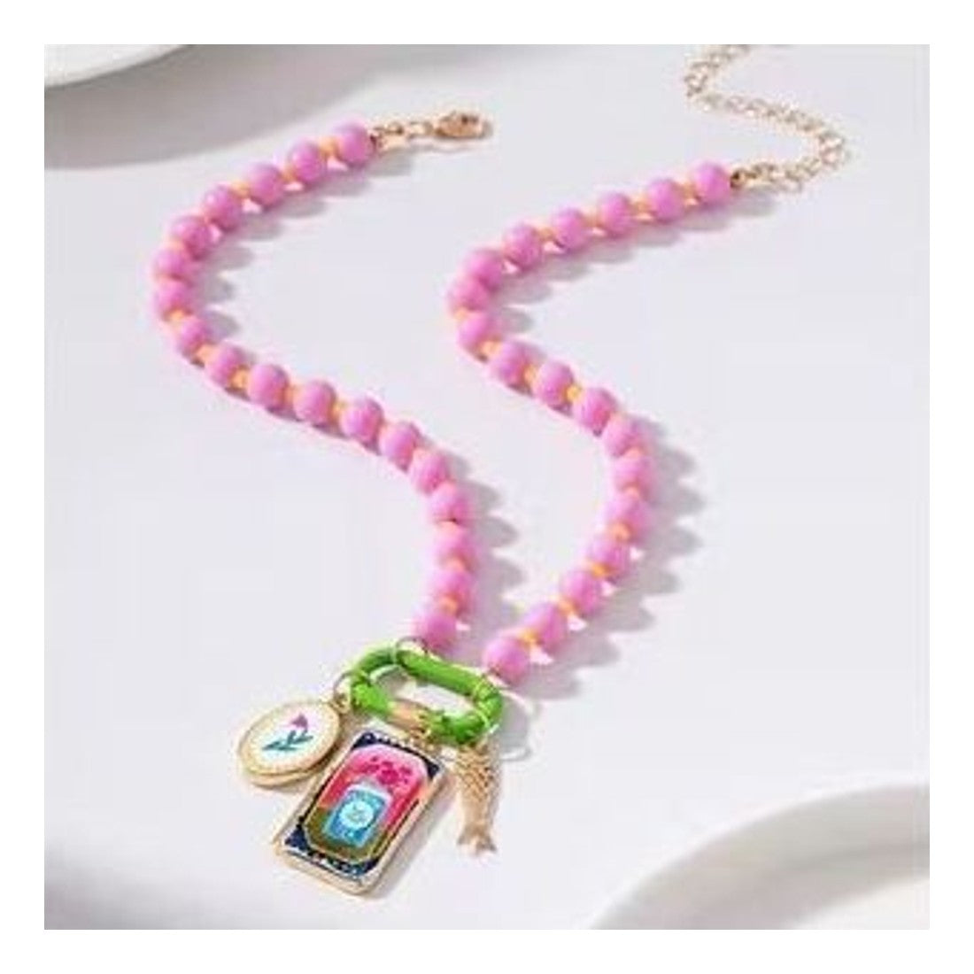 Pink Bead Charm Necklace Bohemian Mermaid Pendant Gold Tone Statement