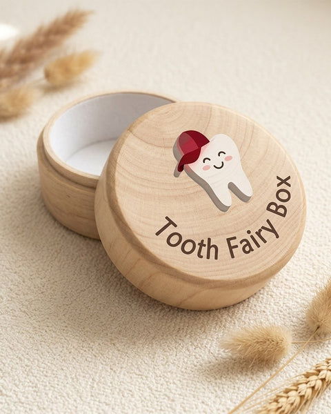 Wooden Tooth Fairy Box Round Keepsake Lid Childs First Lost Tooth Gift Red Hat