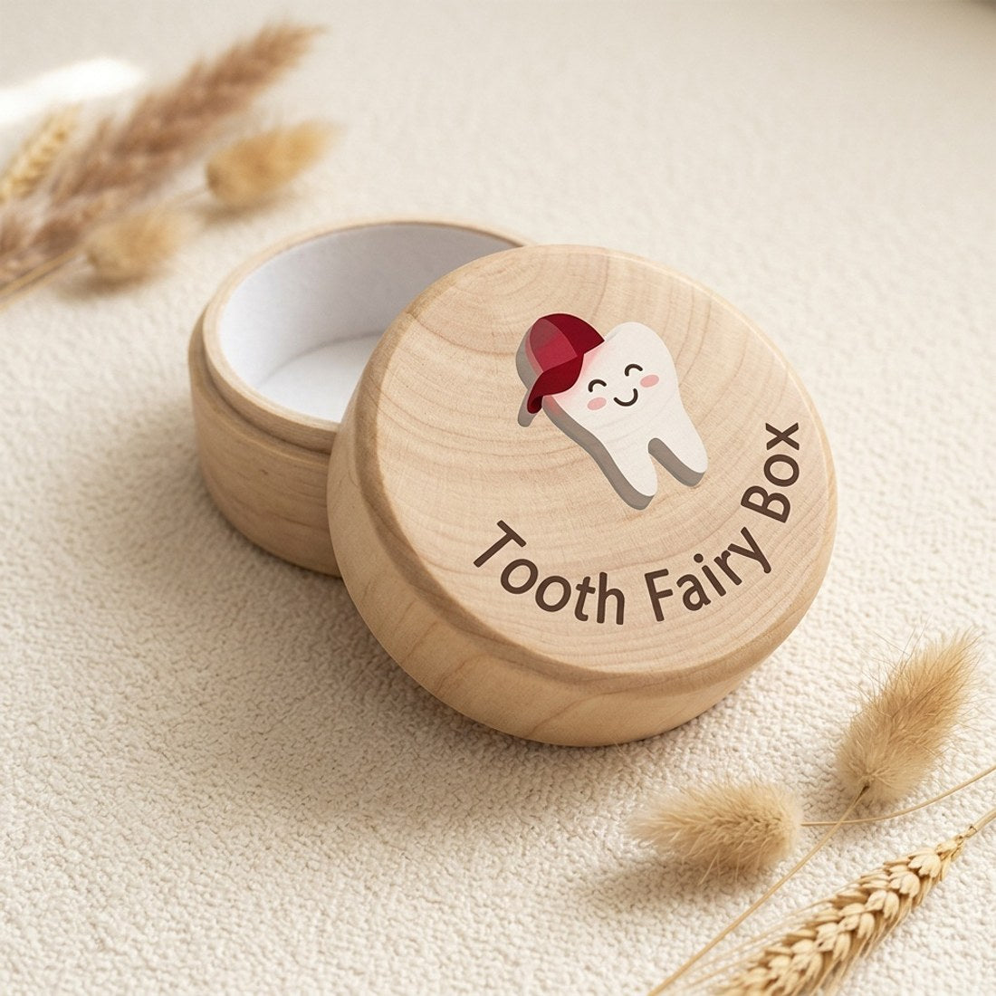 Wooden Tooth Fairy Box Round Keepsake Lid Childs First Lost Tooth Gift Red Hat