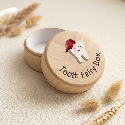 Wooden Tooth Fairy Box Round Keepsake Lid Childs First Lost Tooth Gift Red Hat
