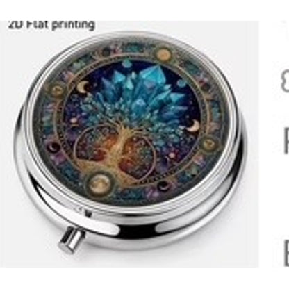 Blue Crystal Zodiac Pill Box Round Metal Celestial Astrology Tablet Case Gift