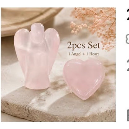 Rose Quartz Angel and Heart Set 2pc