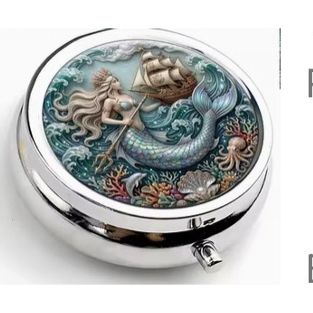 Mermaid and Sailing Ship Pill Box Round 5cm Metal Nautical Ocean Tablet Case