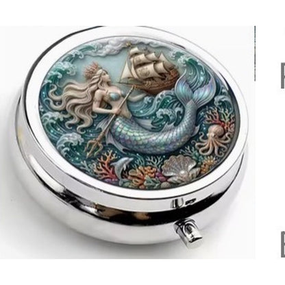 Mermaid and Sailing Ship Pill Box Round 5cm Metal Nautical Ocean Tablet Case
