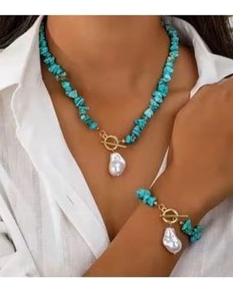 2pc Vintage Turquoise Colour Necklace & Bracelet Set Faux Baroque Pearl