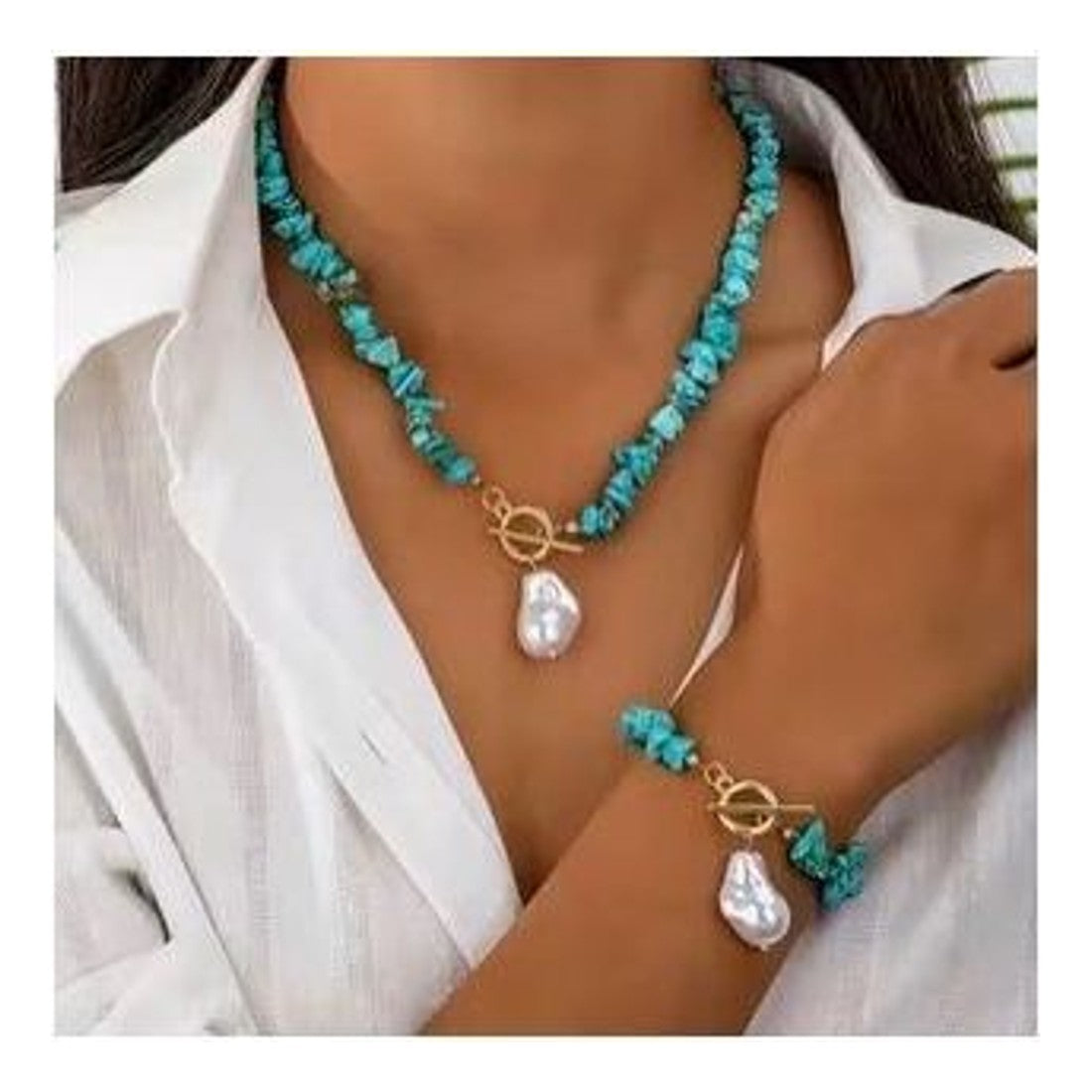 2pc Vintage Turquoise Colour Necklace & Bracelet Set Faux Baroque Pearl