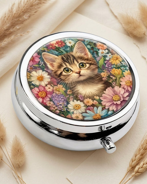 Kitten in Flowers Round Pill Box 5cm