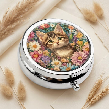 Kitten in Flowers Round Pill Box 5cm