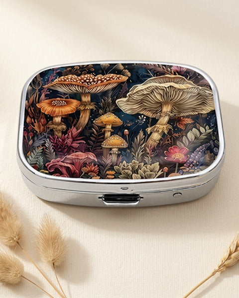 Retro Mushroom Pill Box Square Metal Dark Cottagecore Fungi Tablet Case Gift