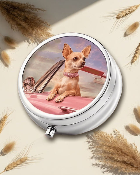 Pink Car Chihuahua Round Pill Box 5cm