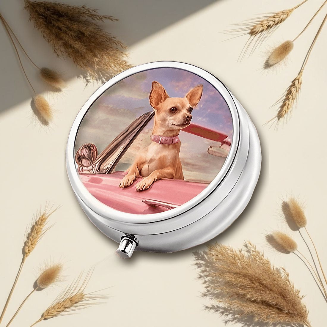 Pink Car Chihuahua Round Pill Box 5cm