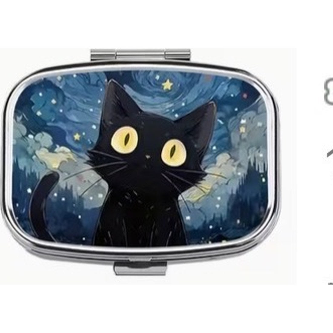 Cat Under The Night Sky Pill Box Metal Hinged Starry Black Cat Tablet Case