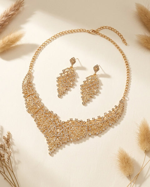 Gold Tone Statement Necklace and Drop Earring Set Bridal Party Costume Jewellery