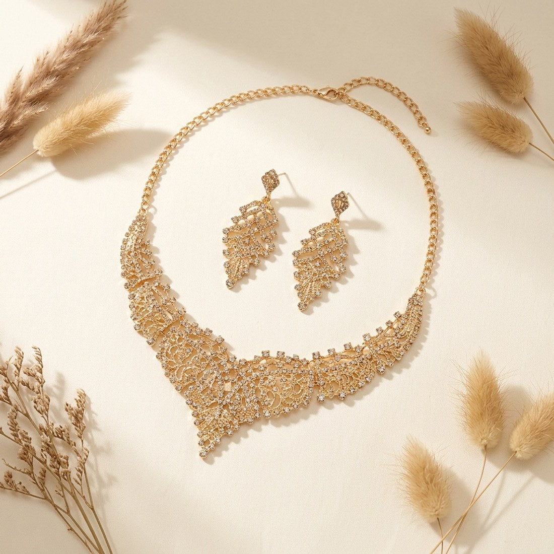 Gold Tone Statement Necklace and Drop Earring Set Bridal Party Costume Jewellery