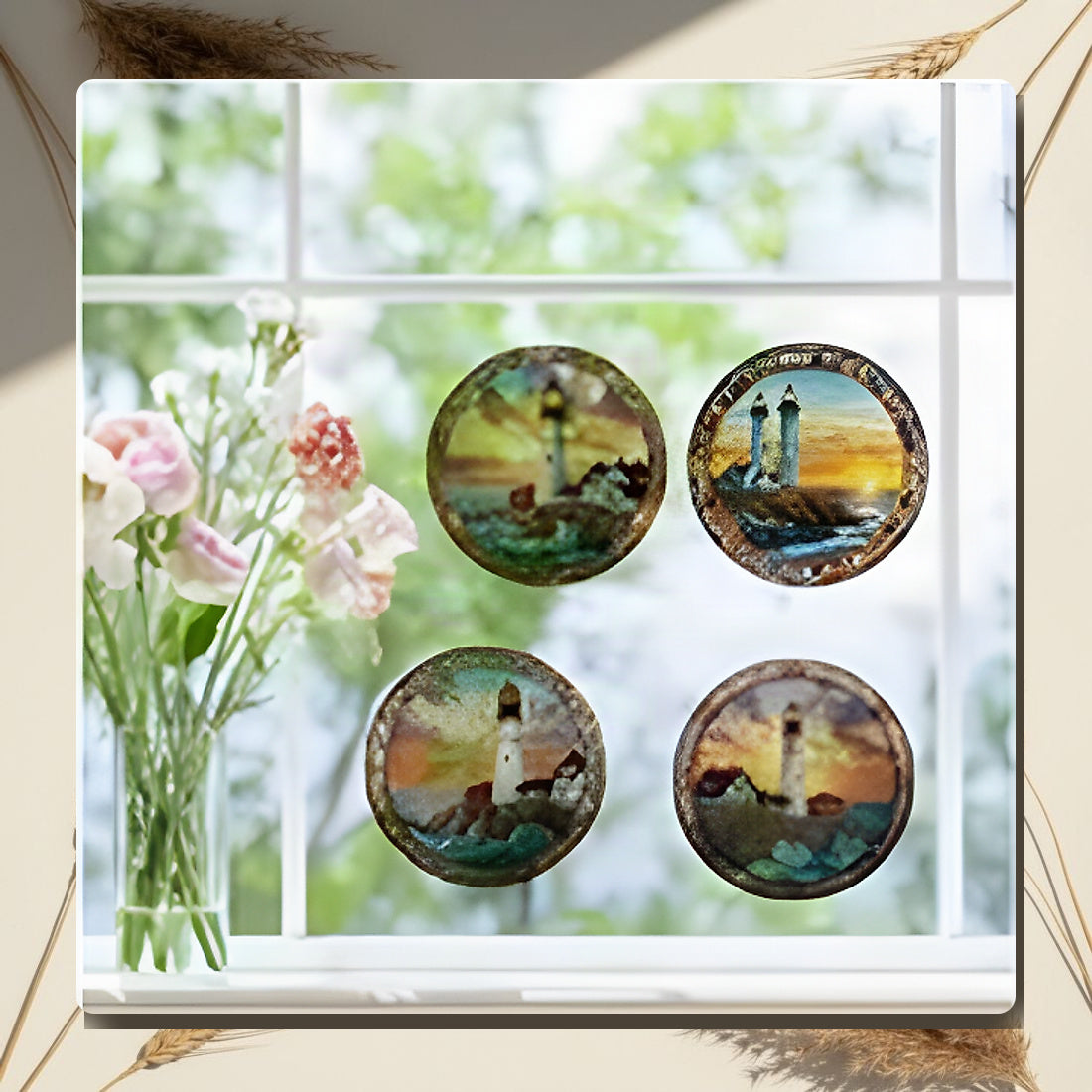 Lighthouse Stained Glass Window Stickers 4pc