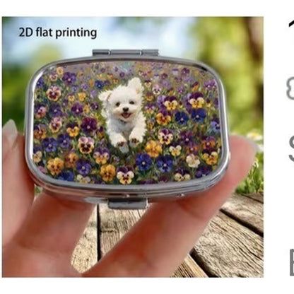 White Dog in Pansies Pill Box
