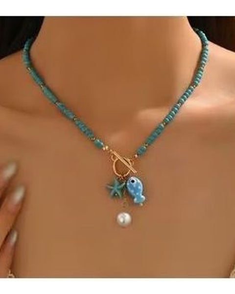 Women's Beach Necklace Turquoise Colour Beads Fish Starfish Faux Pearl