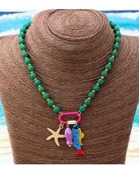 Fresh Vacation Colour Block Green Bead Necklace Starfish Fish Charms