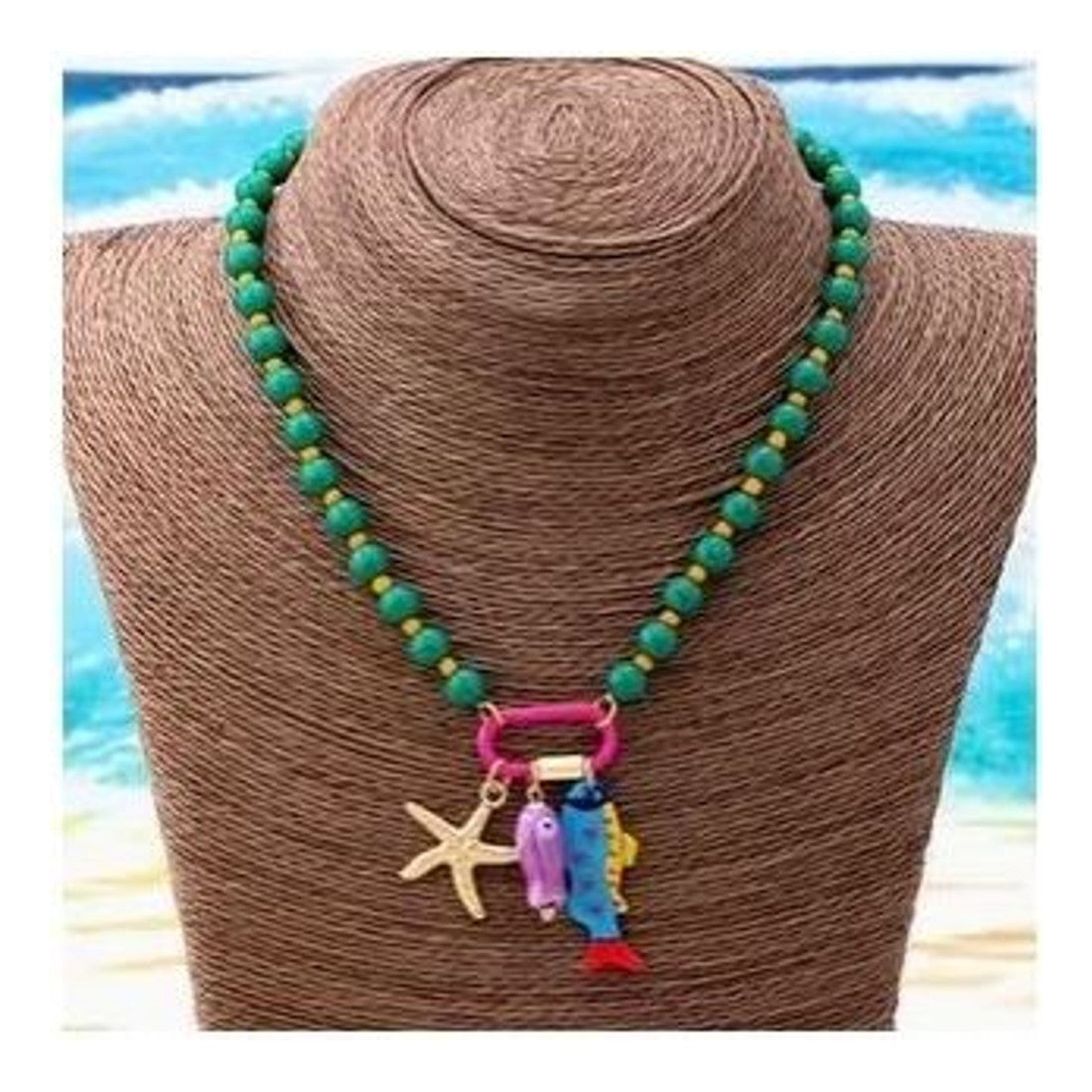 Fresh Vacation Colour Block Green Bead Necklace Starfish Fish Charms