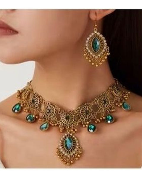 Vintage Gold Tone Necklace & Earrings Set Teal Stone Statement Bridal