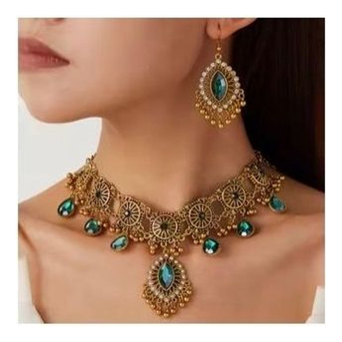 Vintage Gold Tone Necklace & Earrings Set Teal Stone Statement Bridal
