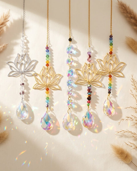 6pc Lotus Glass Sun Catcher Set Gold Silver Hanging Crystal Rainbow Window Decor