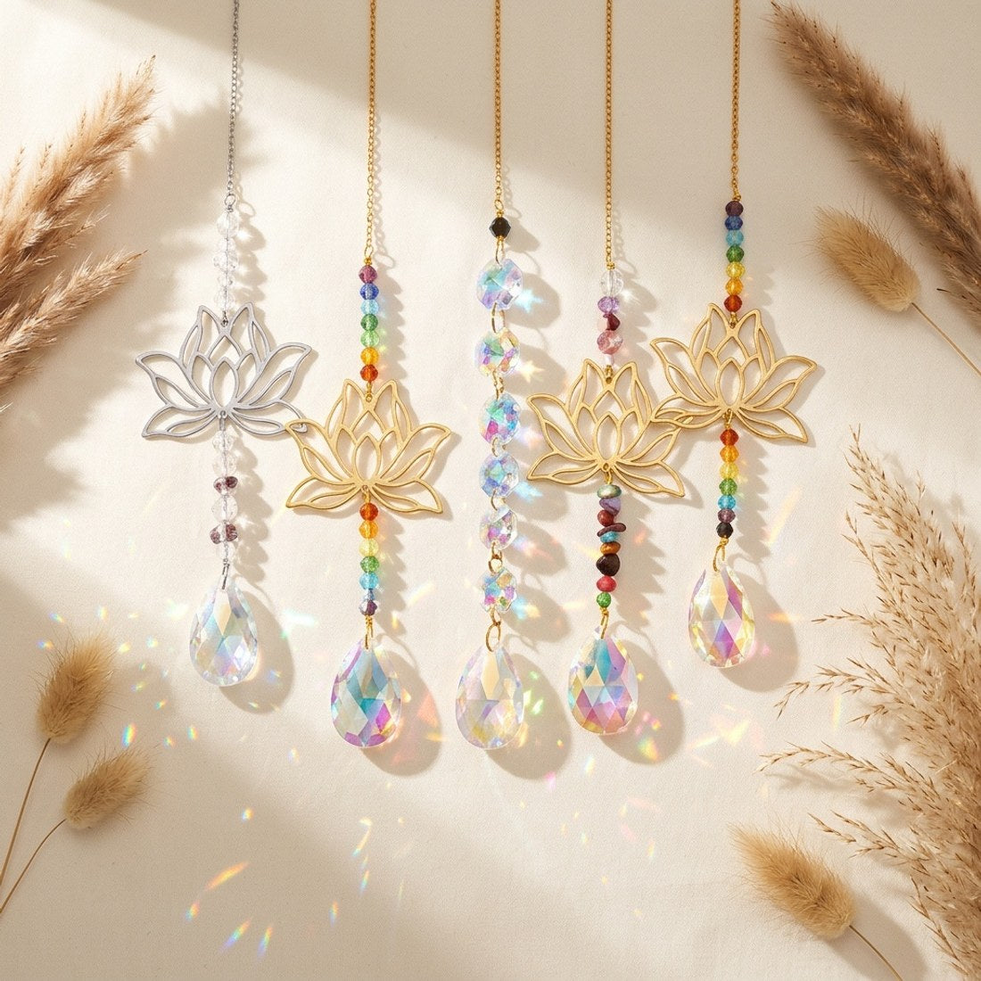 6pc Lotus Glass Sun Catcher Set Gold Silver Hanging Crystal Rainbow Window Decor