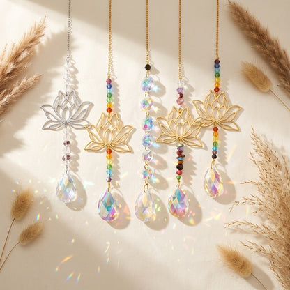 6pc Lotus Glass Sun Catcher Set Gold Silver Hanging Crystal Rainbow Window Decor