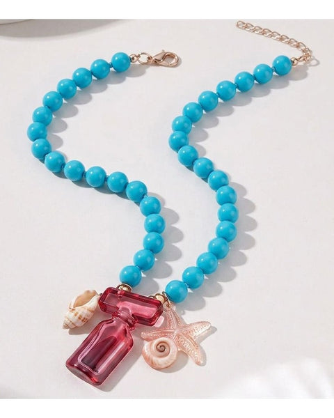 Exaggerated Vacation Ocean Blue Bead Necklace Charm Statement Piece