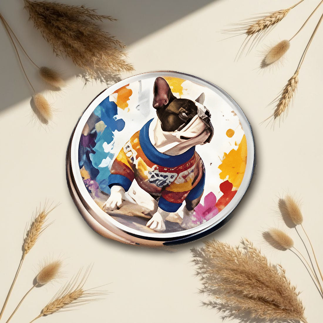 Colourful French Bulldog Flat Round Pill Box