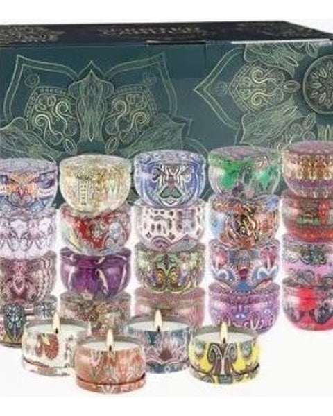 24pc Ethnic Pattern Scented Candle Tins Boxed Set Folk Print Travel Candles