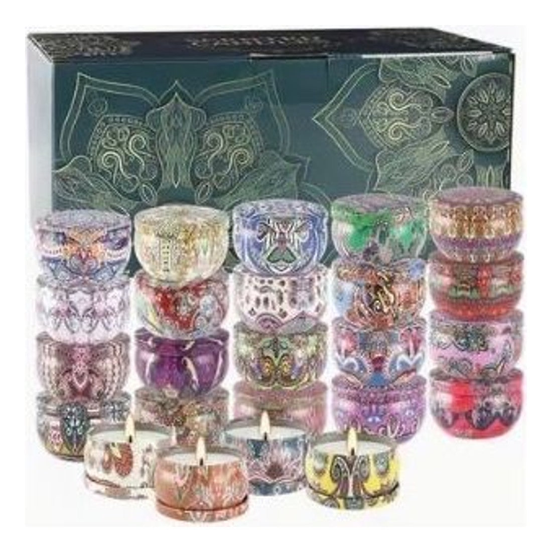 24pc Ethnic Pattern Scented Candle Tins Boxed Set Folk Print Travel Candles