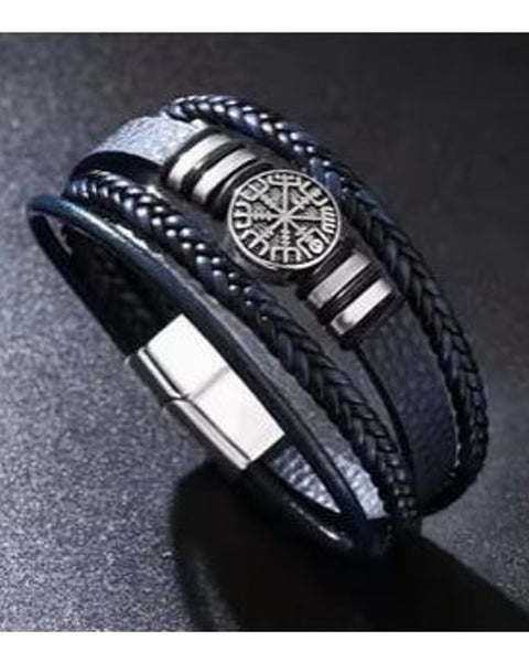 Punk Multi Layered Leather Bracelet Navy Blue Mens Braided Cuff