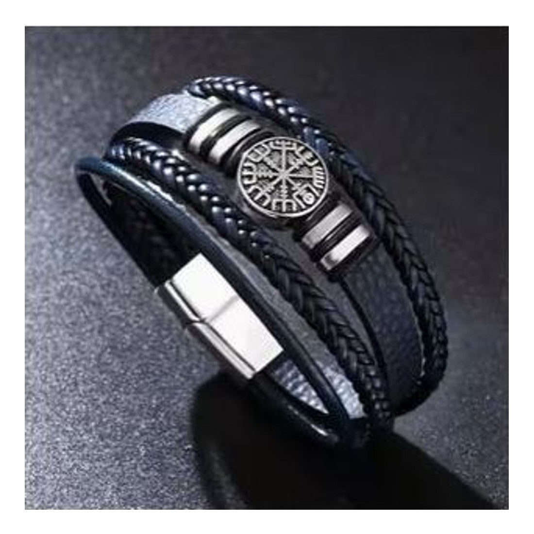 Punk Multi Layered Leather Bracelet Navy Blue Mens Braided Cuff