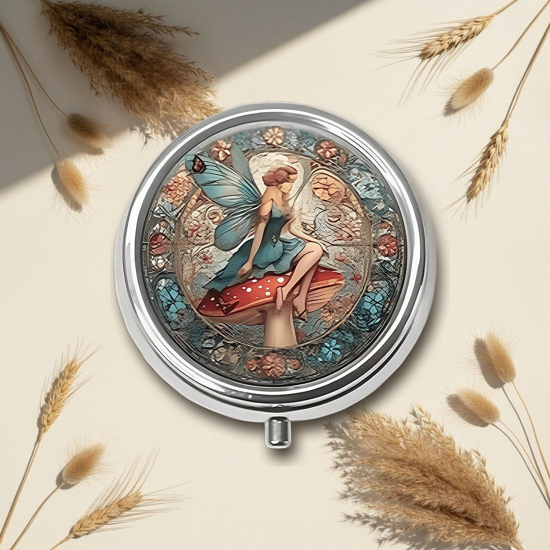 Stained Glass Mushroom Fairy Round Pill Box 5cm