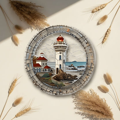 Lighthouse Stained Glass Suncatcher Round 22.9cm White Mosaic