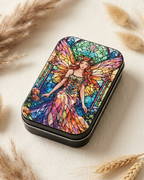 Fairy Print Square Hinged Tin Box Black Small Trinket Jewellery Storage Keepsake