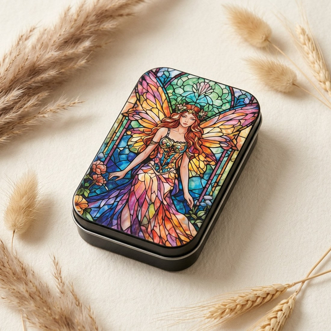 Fairy Print Square Hinged Tin Box Black Small Trinket Jewellery Storage Keepsake