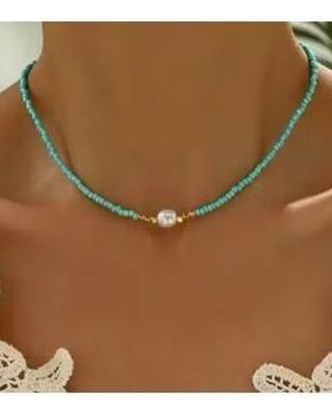 Turquoise Colour Bead Choker Necklace Faux Pearl Irregular Boho Dainty