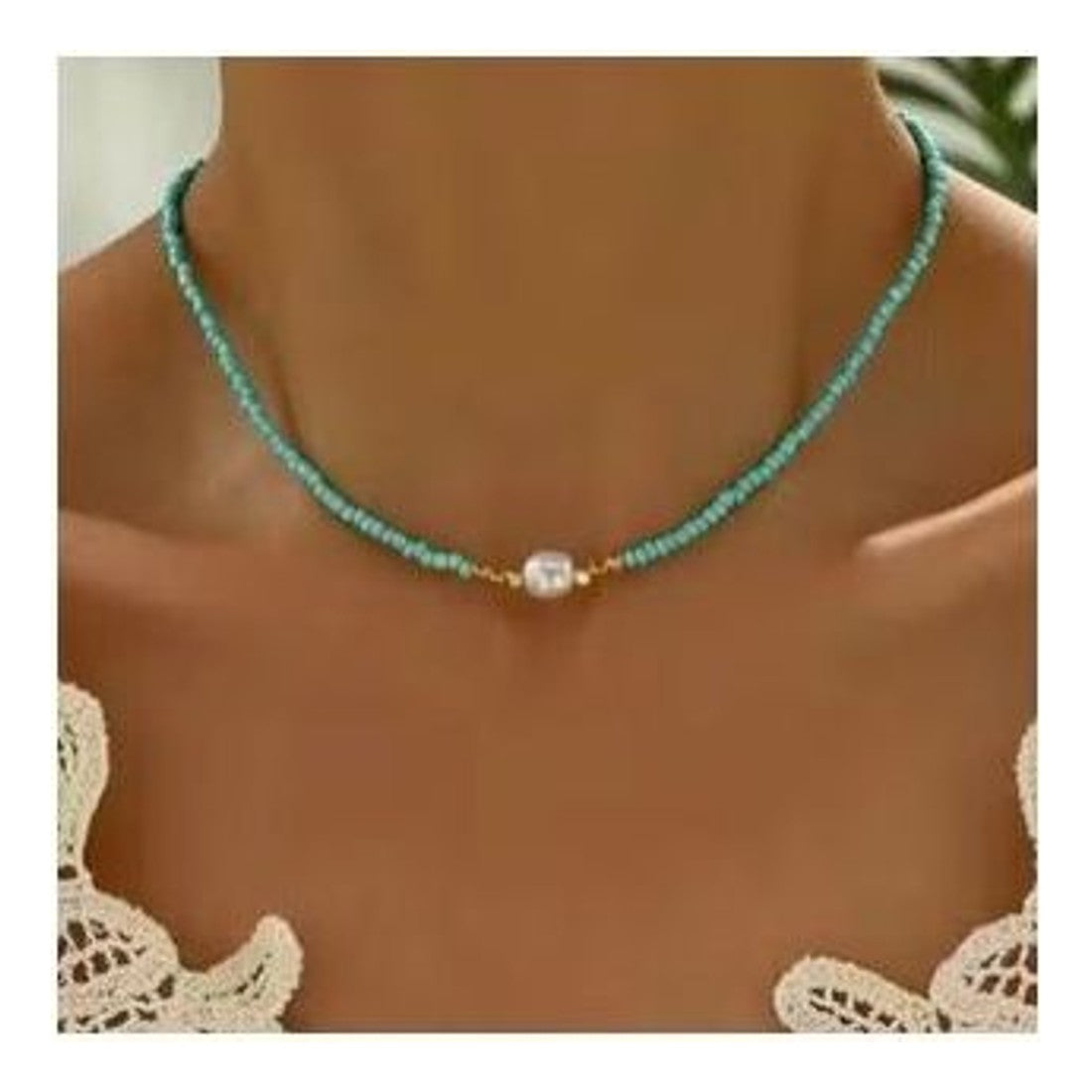Turquoise Colour Bead Choker Necklace Faux Pearl Irregular Boho Dainty