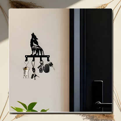 Howling Wolf Metal Key Rack with Hooks