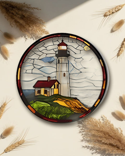 Lighthouse Stained Glass Suncatcher Round 22.9cm Blue Green