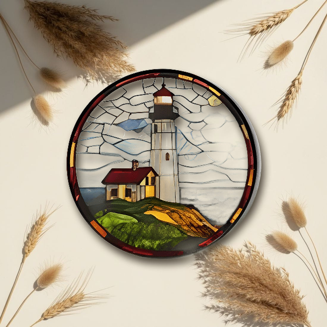 Lighthouse Stained Glass Suncatcher Round 22.9cm Blue Green