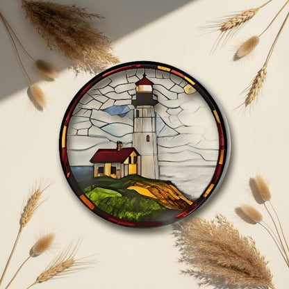 Lighthouse Stained Glass Suncatcher Round 22.9cm Blue Green