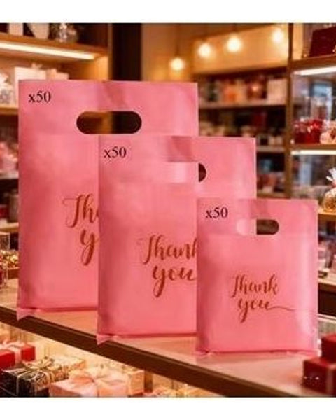 50pc Pink Thank You Gift Bags Medium 20x30cm Plastic Party Retail Merch Bags