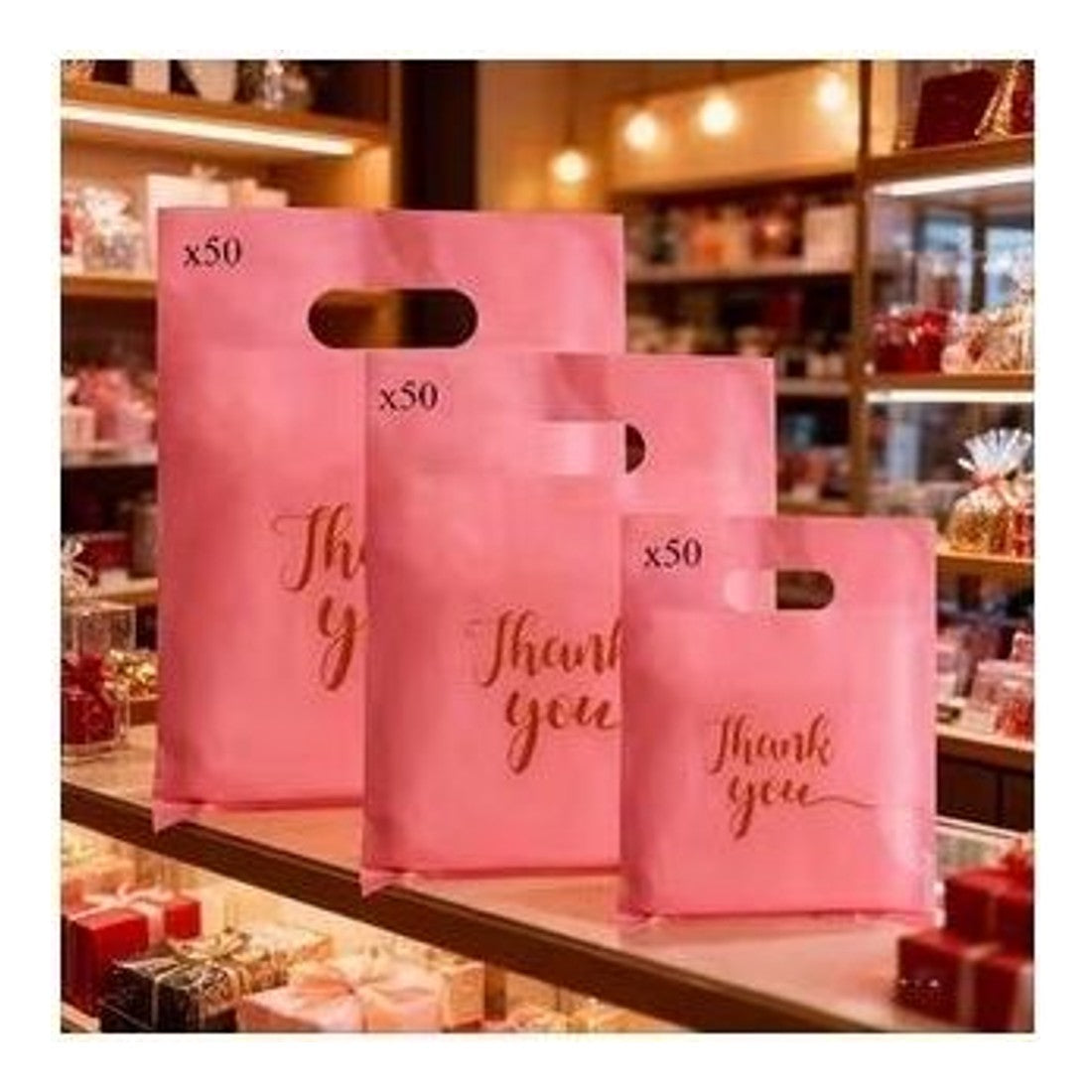 50pc Pink Thank You Gift Bags Medium 20x30cm Plastic Party Retail Merch Bags