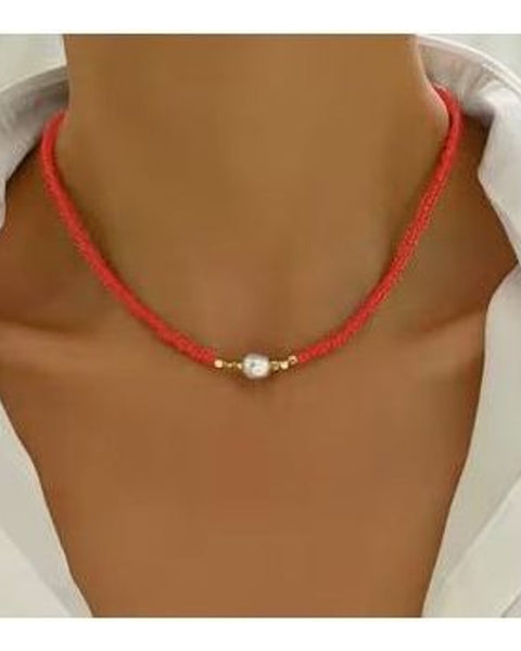 Bohemian Red Cord Choker Necklace Faux Pearl Minimalist Boho Beach Style