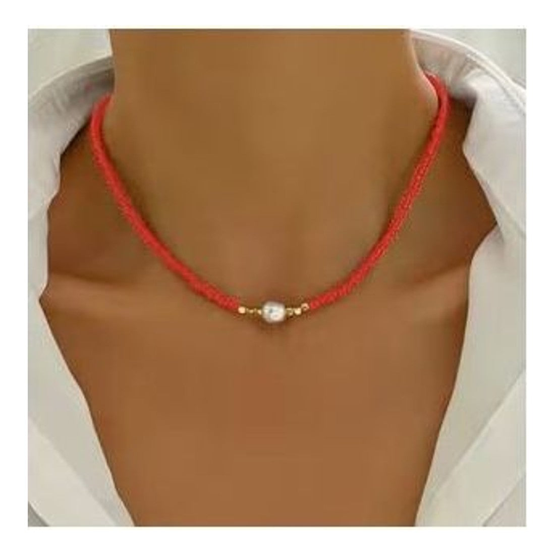 Bohemian Red Cord Choker Necklace Faux Pearl Minimalist Boho Beach Style