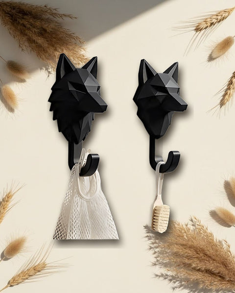 Low-Poly Wolf Head Wall Hooks 2pc Black