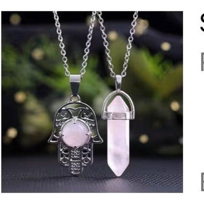 Rose Quartz Hamsa and Point Necklace Set 2pc